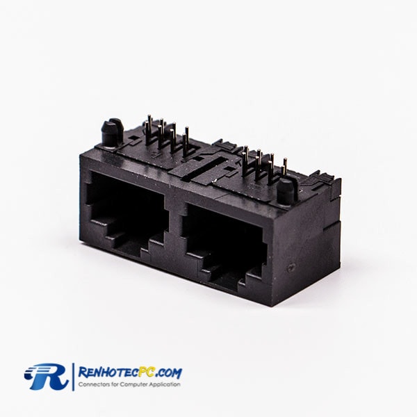 90 Degree RJ45 Connector Female 2 Port 8P Black Gold Plated Unshield Without LED