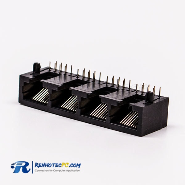 Female RJ45 4 Port Connector 1*4 Black 90° Unshield Without LED for PCB Mount