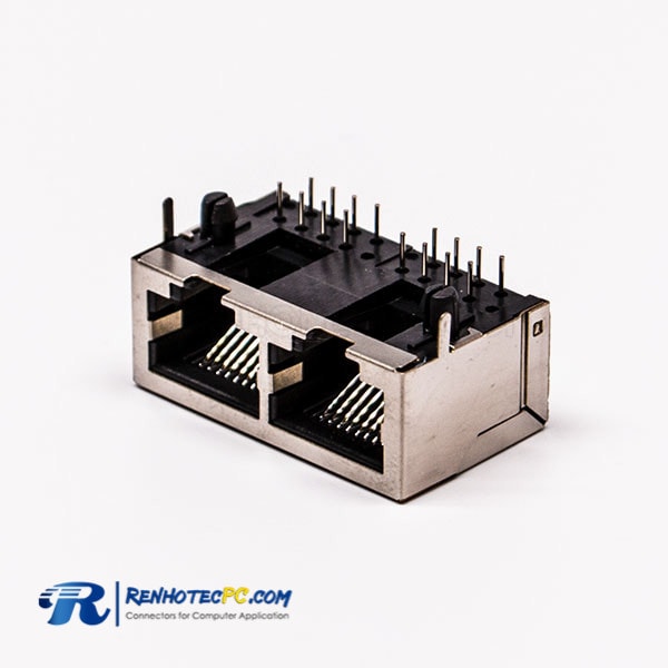 2 Port RJ45 Female Connector 90° with Shield and Without LED for PCB Mount