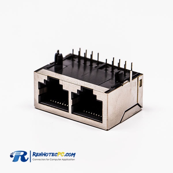 8P RJ45 Female Connectors 90 Degree 2 Port without LED and with Shield for PCB