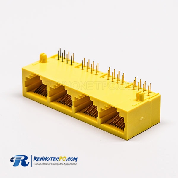 8P Female RJ45 Connectors Yellow 4 Port without LED and without Shield for PCB