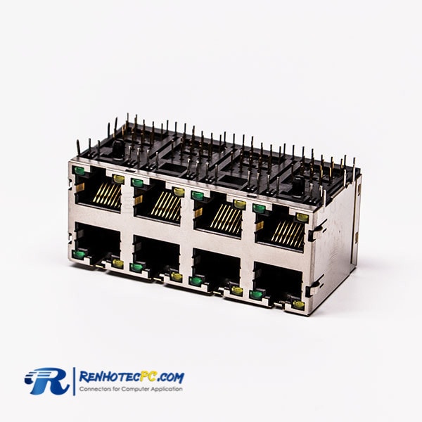 Female R/A RJ45 8 Pin Connector 8 Port Gold Plated with Shield and LED for PCB