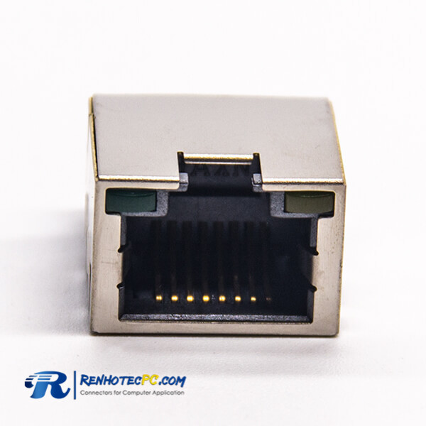 RJ45 Right Angle Single Port Female Connector Through Hole for PCB Mount Offset Type with LED