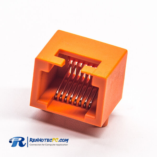 RJ45 Orange Jack 8P8C Connector Right Angle Through Hole Unshielded for PCB Mount RJ45 Orange Jack 8P8C Connector Right Angle Through Hole Unshielded for PCB Mount