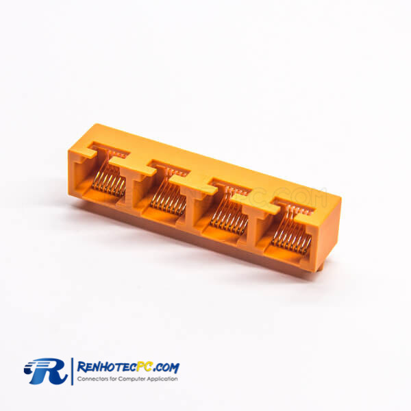 Orange RJ45 Modualr Jack Connector 1x4 Port 90 Degree PCB Mount Through Hole Orange RJ45 Modualr Jack Connector 1x4 Port 90 Degree PCB Mount Through Hole