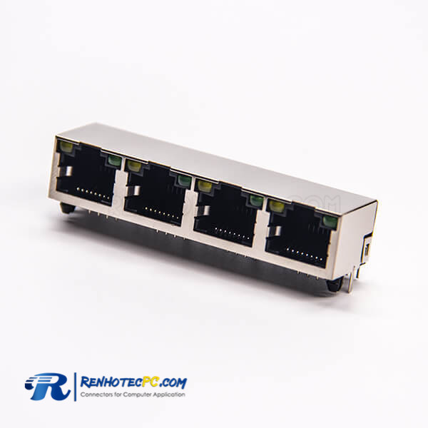 RJ45 4 Port Socket 1*4 Ethernet Network Connector Shielded with LED