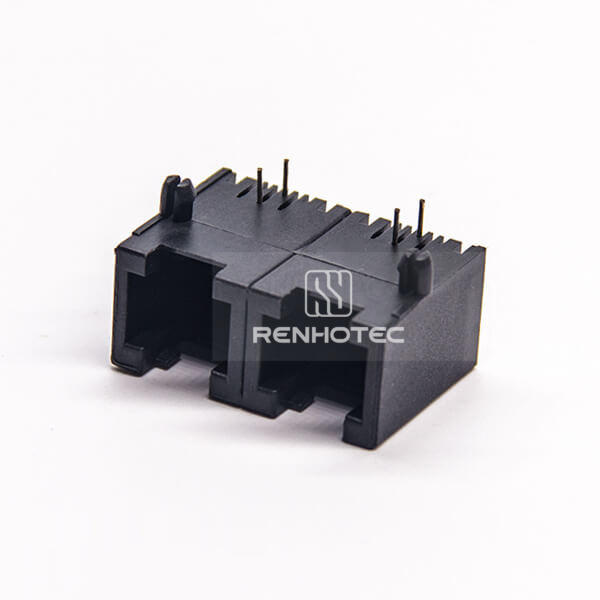 6P2C RJ11 Jack Black Dual Port Right Angle DIP Type PCB Mount Unshielded