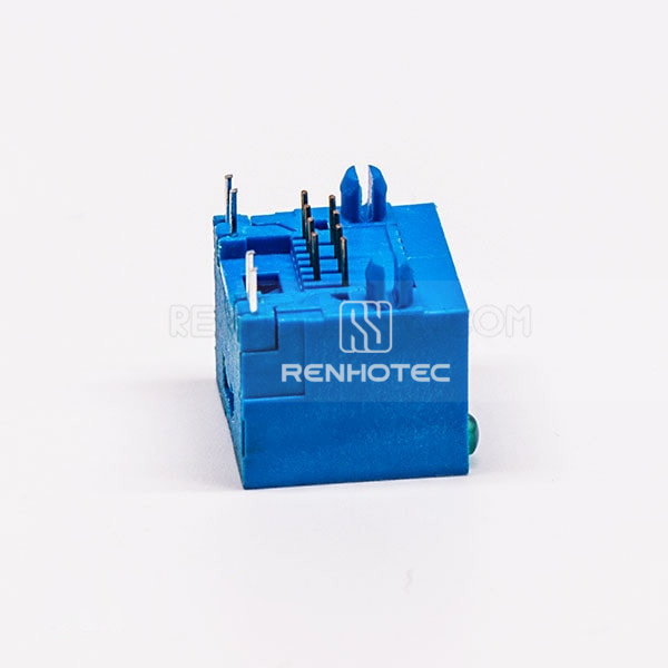 Female RJ45 Connector 1 Port 90 Degree Blue without Shield and With LED for PCB