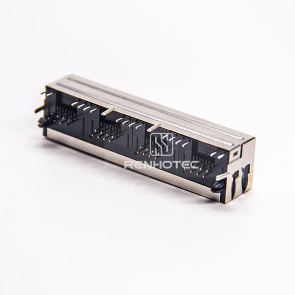 4 Port RJ45 PCB with EMI Right Angle Through Hole with EMI