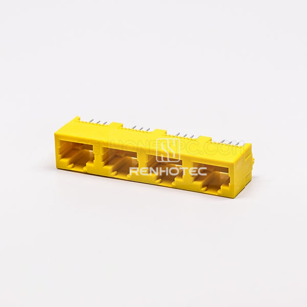 180 Degree RJ45 Female Socket Connector 4 Port 8P Yellow Unshield Without LED