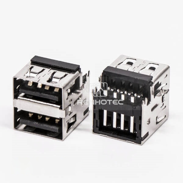 Right Angle USB Connectors Female DIP Dual Port