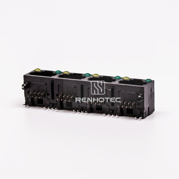 Unshield 4 RJ45 Female Connector 4 Port 1*4 Black Right Angle With LED for PCB