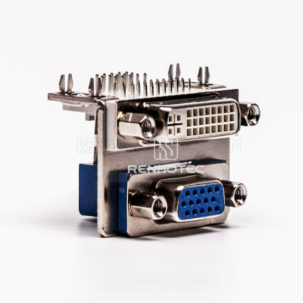Right-Angle Stacked DVI 24+5 Female / VGA 15 Pin Female Connector, Blue