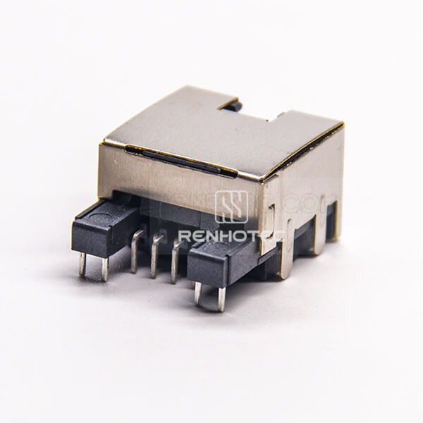 RJ45 Right Angle Single Port Female Connector Through Hole for PCB Mount Offset Type with LED