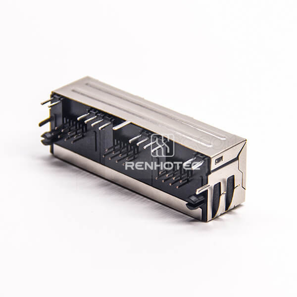 RJ45 Right Angle Connector 8P8C 3 Port Through Hole with LED EMI for PCB Mount