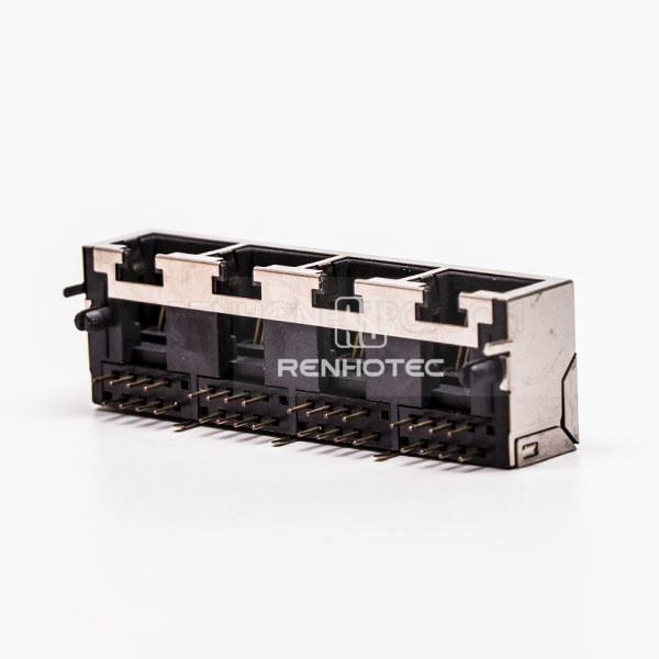 Metal RJ45 Connector Female R/A 4 Port with Shield and without LED for PCB