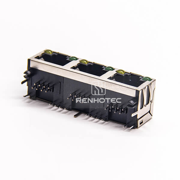 RJ45 Right Angle Connector 8P8C 3 Port Through Hole with LED EMI for PCB Mount