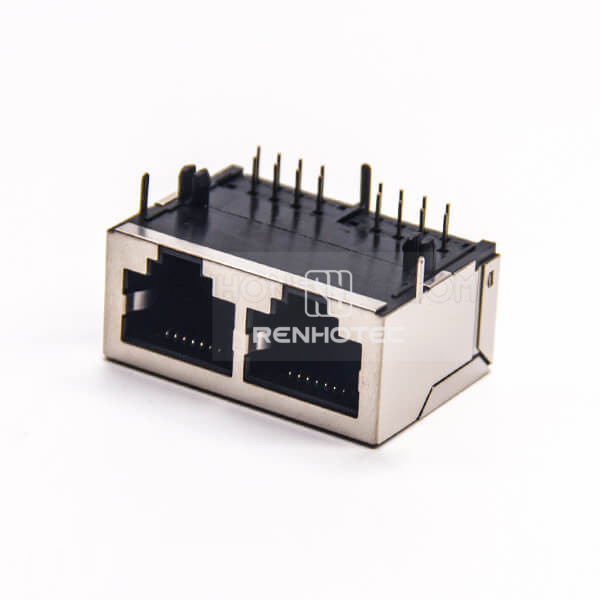 Dual Port RJ45 Connector Shielded Angled Through Hole PCB Mount