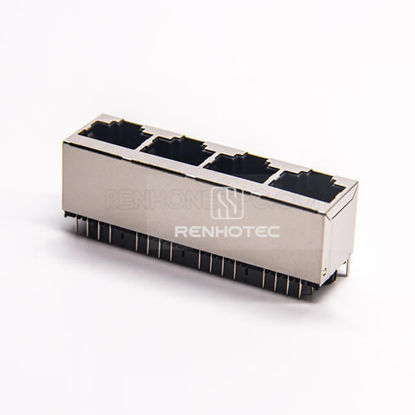4 Port RJ45 Jack Straight Shielded Shell Through Hole PCB Mount