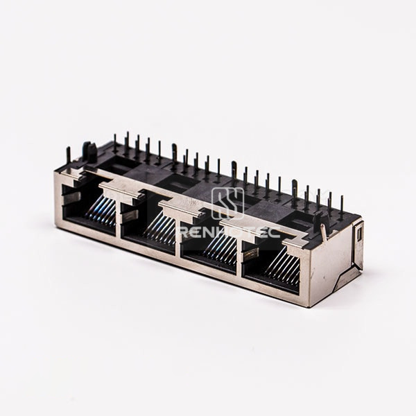 Metal RJ45 Connector Female R/A 4 Port with Shield and without LED for PCB