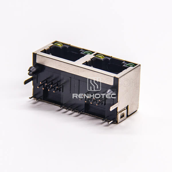 Dual RJ45 Connector PCB DIP Type Right Angle with LED Shielded 1x2 Port