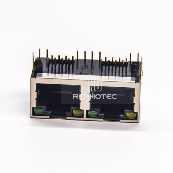 Dual RJ45 Connector PCB DIP Type Right Angle with LED Shielded 1x2 Port