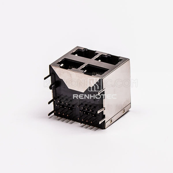 Dual 2*2 Female RJ45 Connector R/A 4 Port with Shield Without LED for PCB Mount