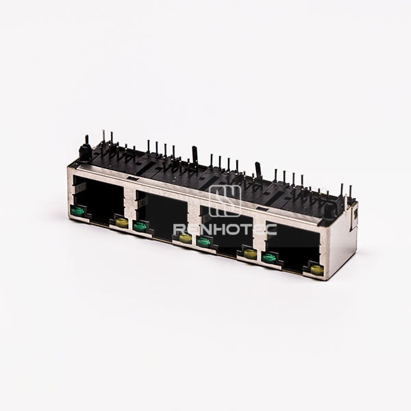 4 Port RJ45 Connector Female Right Angle 8P with Shield With LED for PCB
