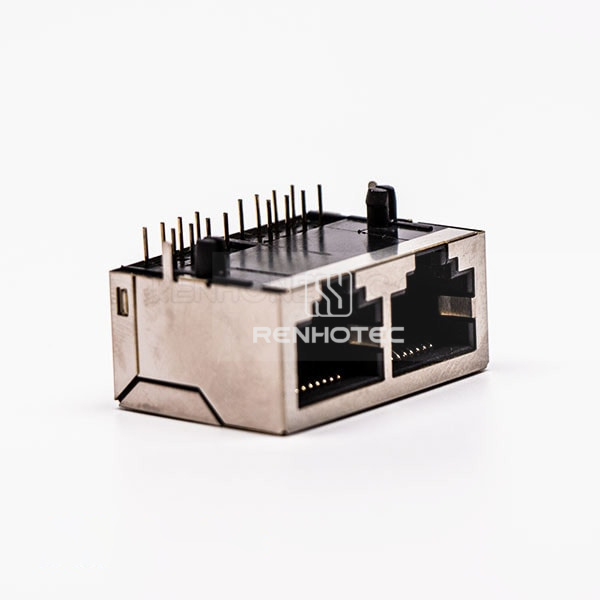 8P RJ45 Female Connectors 90 Degree 2 Port without LED and with Shield for PCB