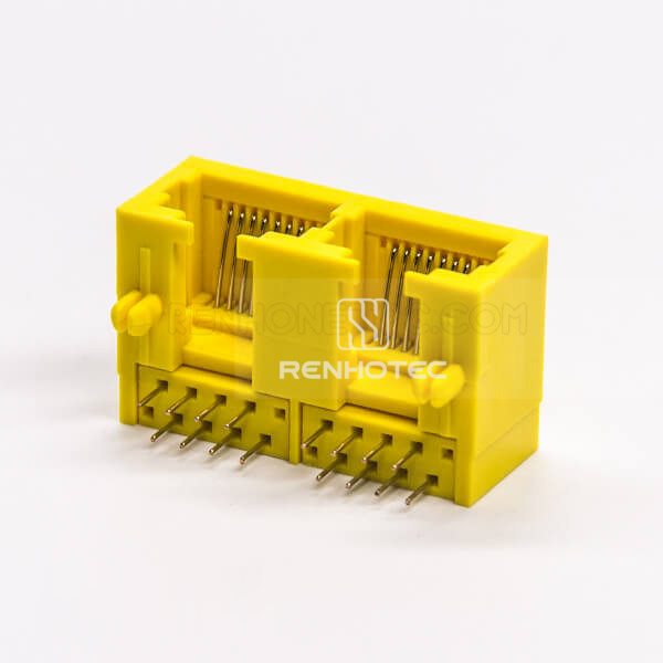 RJ45 Dual Coupler 1x2 Port Yellow Plastic 8P8C Shell Network Connector Right Angle Unshielded