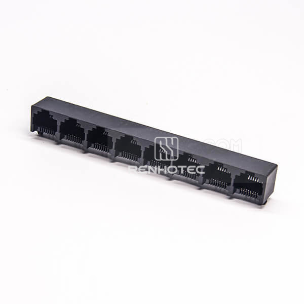 RJ45 Multiport Jack Black Plastic Through Hole for PCB Mount 1*8 Multiple Port