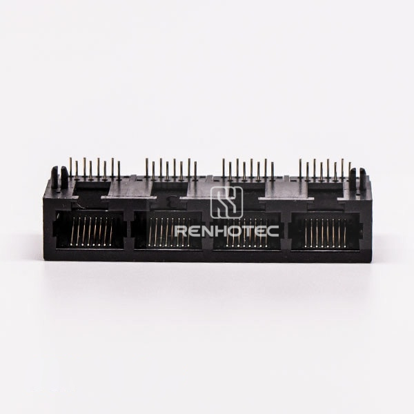 Female RJ45 4 Port Connector 1*4 Black 90° Unshield Without LED for PCB Mount