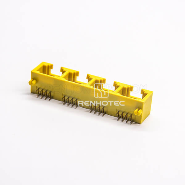 4 Port RJ45 Ethrenet Netword Socket Yellow Plastic Angled DIP for PCB Mount