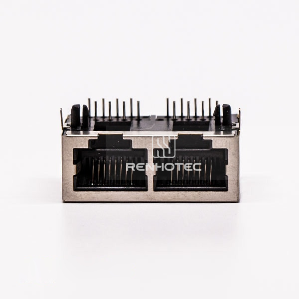 2 Port RJ45 Female Connector 90° with Shield and Without LED for PCB Mount