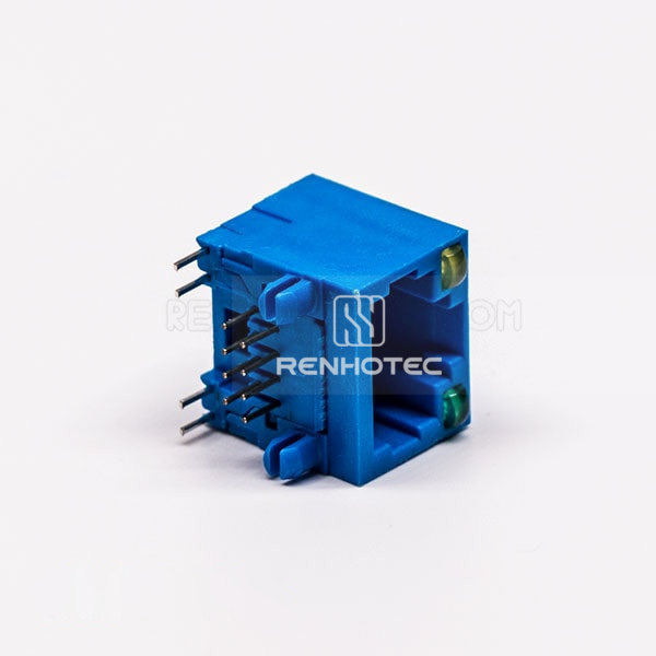 Female RJ45 Connector 1 Port 90 Degree Blue without Shield and With LED for PCB