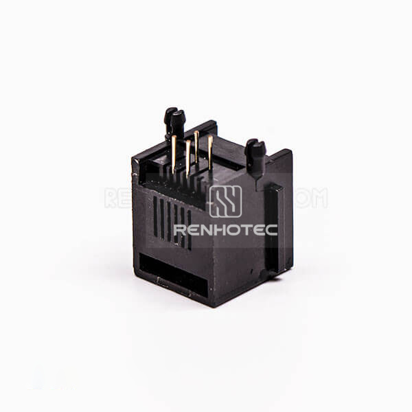 4P4C Female Modular Jack, Black, Right Angle