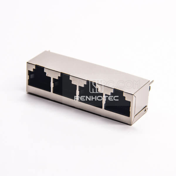 4 Port RJ45 Jack Straight Shielded Shell Through Hole PCB Mount