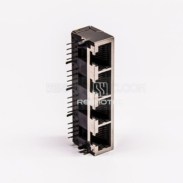 Metal RJ45 Connector Female R/A 4 Port with Shield and without LED for PCB