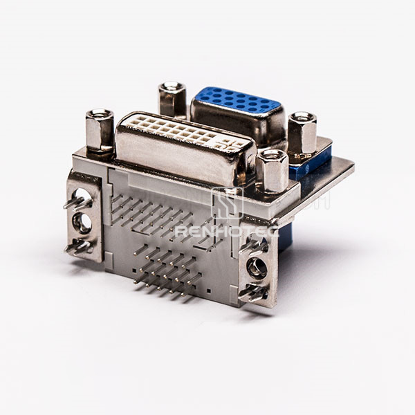Right-Angle Stacked DVI 24+5 Female / VGA 15 Pin Female Connector, Blue
