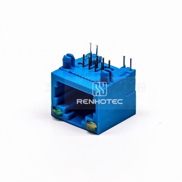 Female RJ45 Connector 1 Port 90 Degree Blue without Shield and With LED for PCB