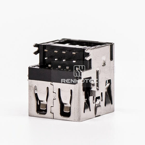 Right Angle USB Connectors Female DIP Dual Port