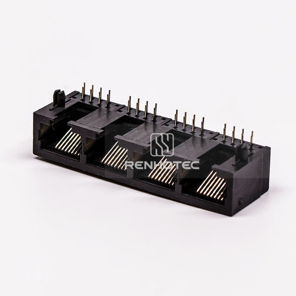 Female RJ45 4 Port Connector 1*4 Black 90° Unshield Without LED for PCB Mount