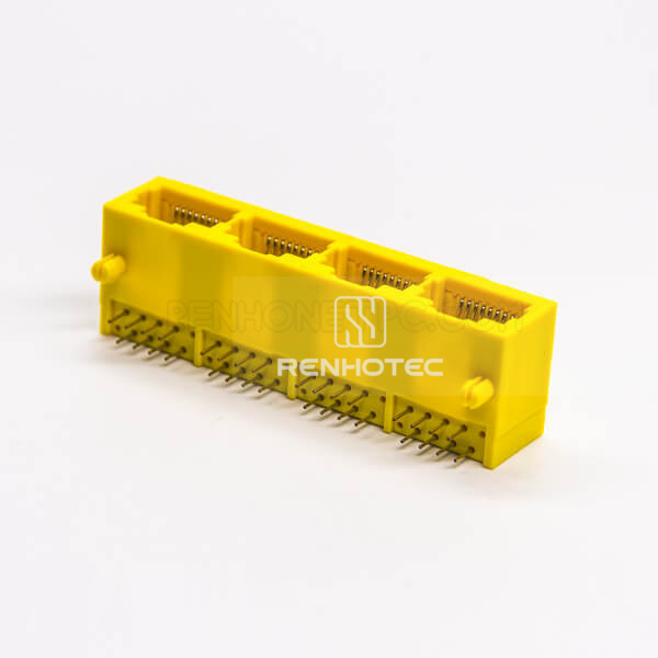 8p8c Socket 4 Port Angled Unshielded Yellow Shell Through Hole PCB Mount Without LED