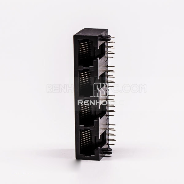 Female RJ45 4 Port Connector 1*4 Black 90° Unshield Without LED for PCB Mount
