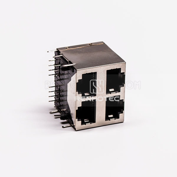 Dual 2*2 Female RJ45 Connector R/A 4 Port with Shield Without LED for PCB Mount