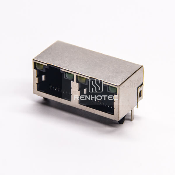 Dual RJ45 Connector PCB DIP Type Right Angle with LED Shielded 1x2 Port