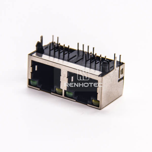 Dual RJ45 Connector PCB DIP Type Right Angle with LED Shielded 1x2 Port