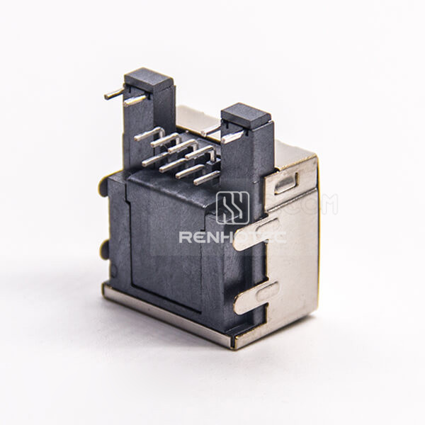 RJ45 Right Angle Single Port Female Connector Through Hole for PCB Mount Offset Type with LED