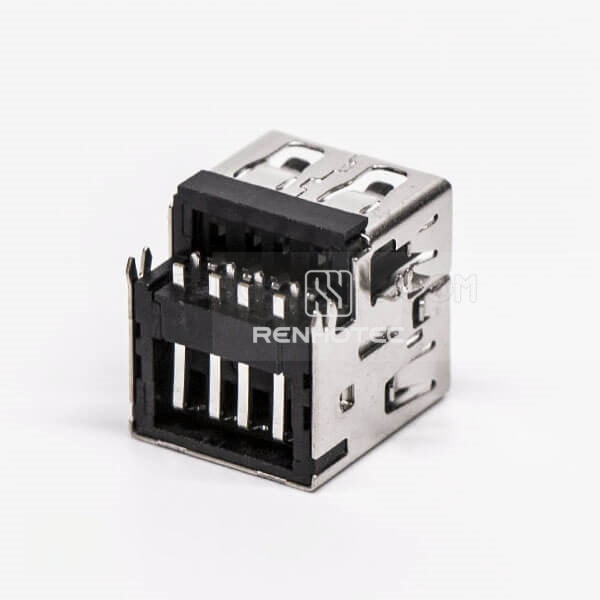 Right Angle USB Connectors Female DIP Dual Port