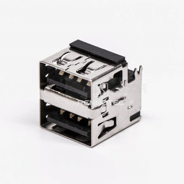 Right Angle USB Connectors Female DIP Dual Port